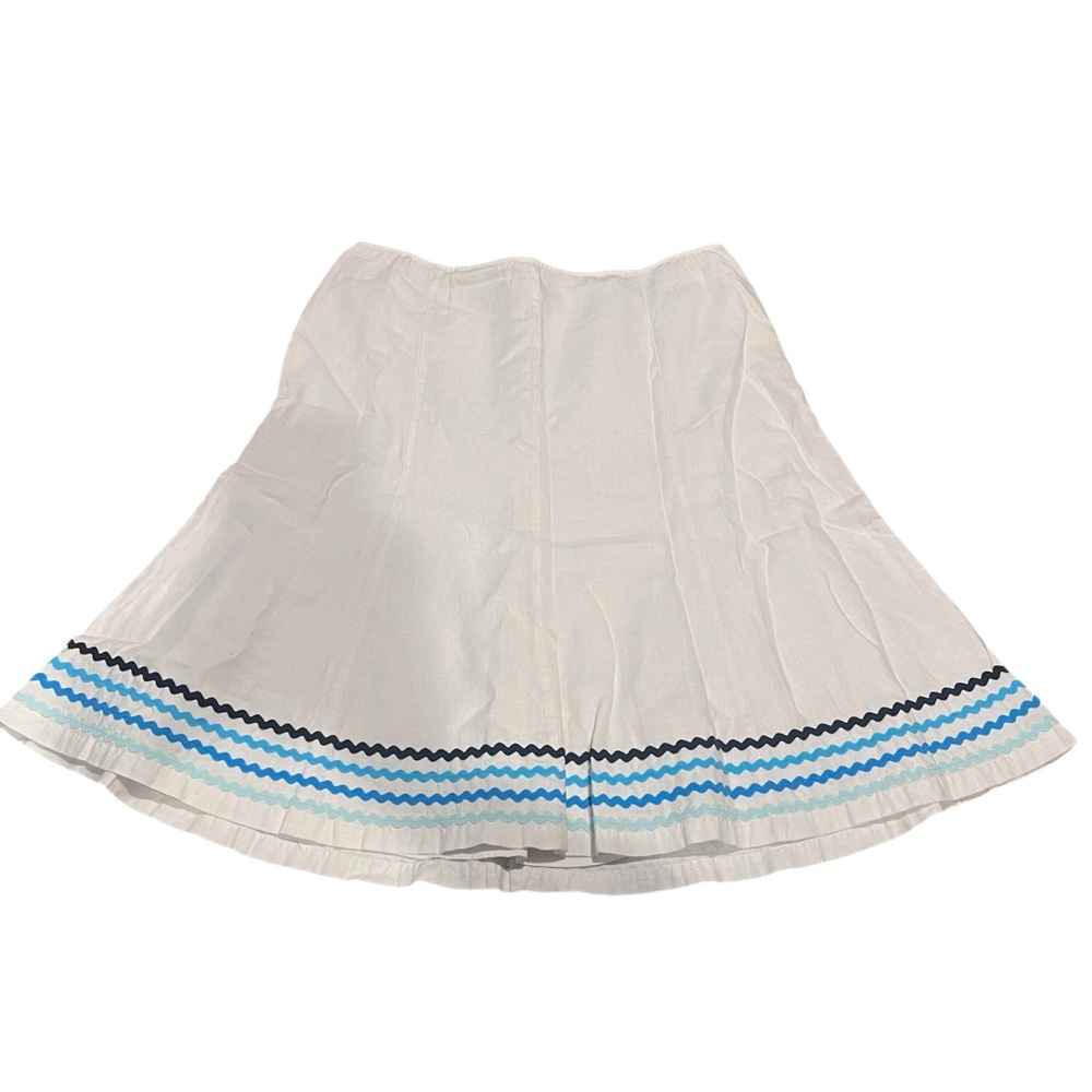 Sigrid Olsen Size 12 100% Linen Lined‎ White A-Line Midi Skirt w/ Blue Decor